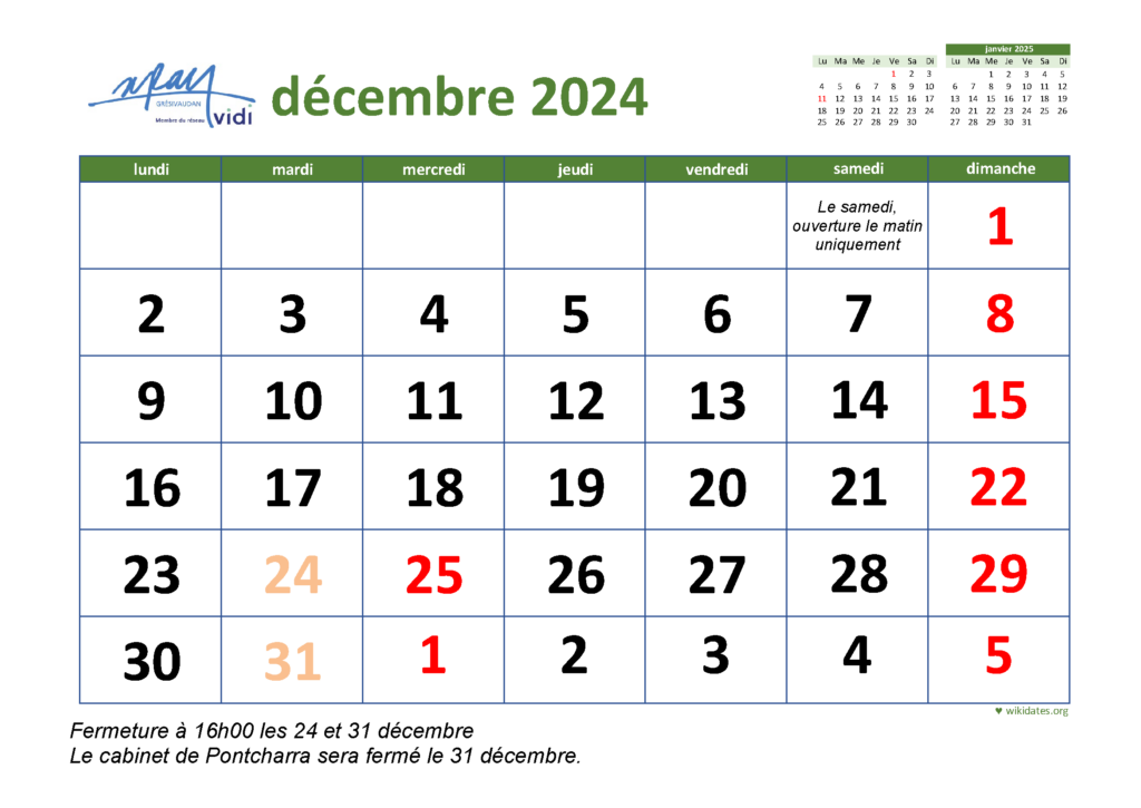 Modifications d’horaires pendant les fêtes de fin d’année